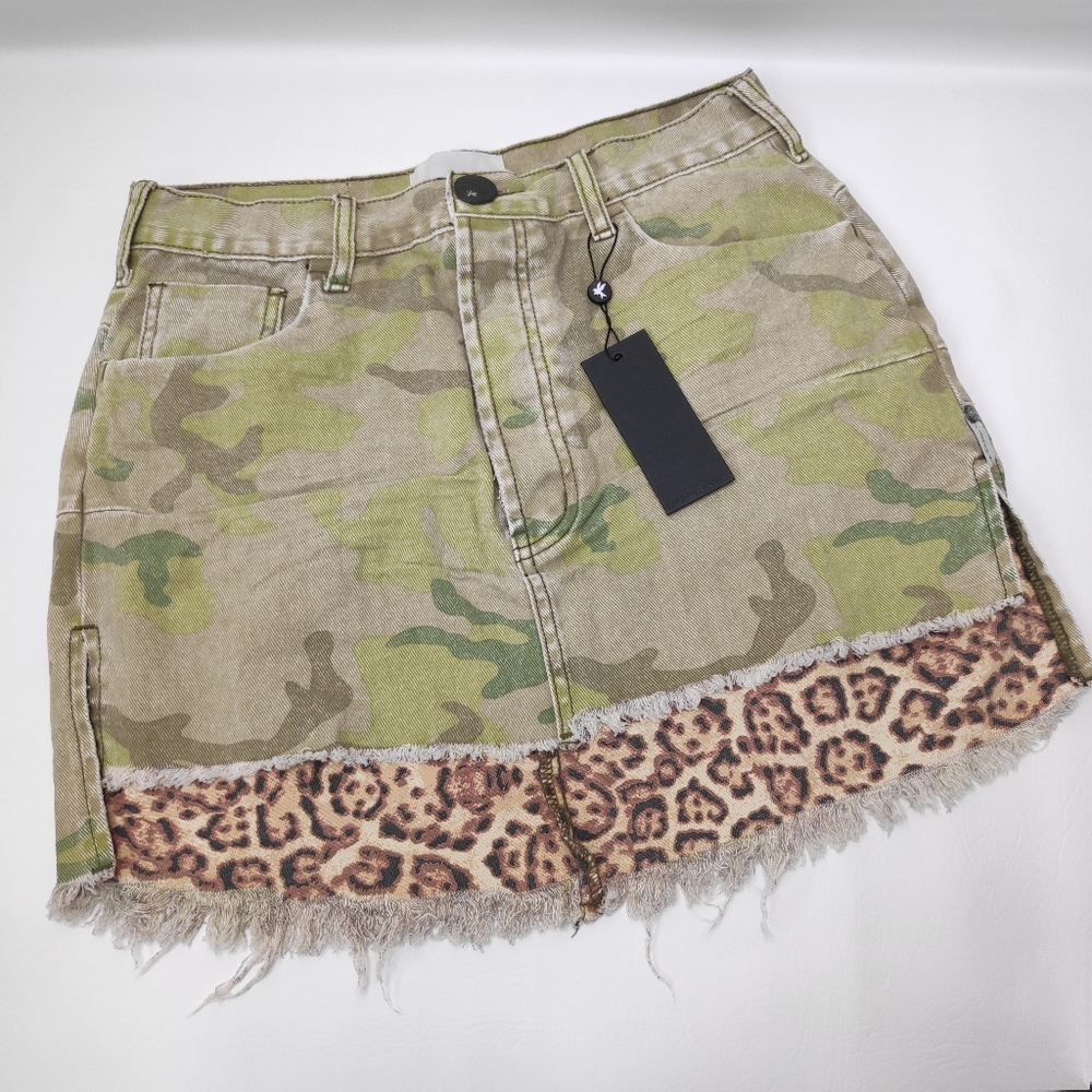 New One Teaspoon Camo Leopard Vanguard Denim Skirt Button Fly High Low Size 27
